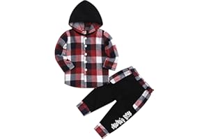 Axumity Toddler Baby Boys Clothes Plaid Button Down Hooded Shirt + Sweatpants Fall Winter Outfits Set