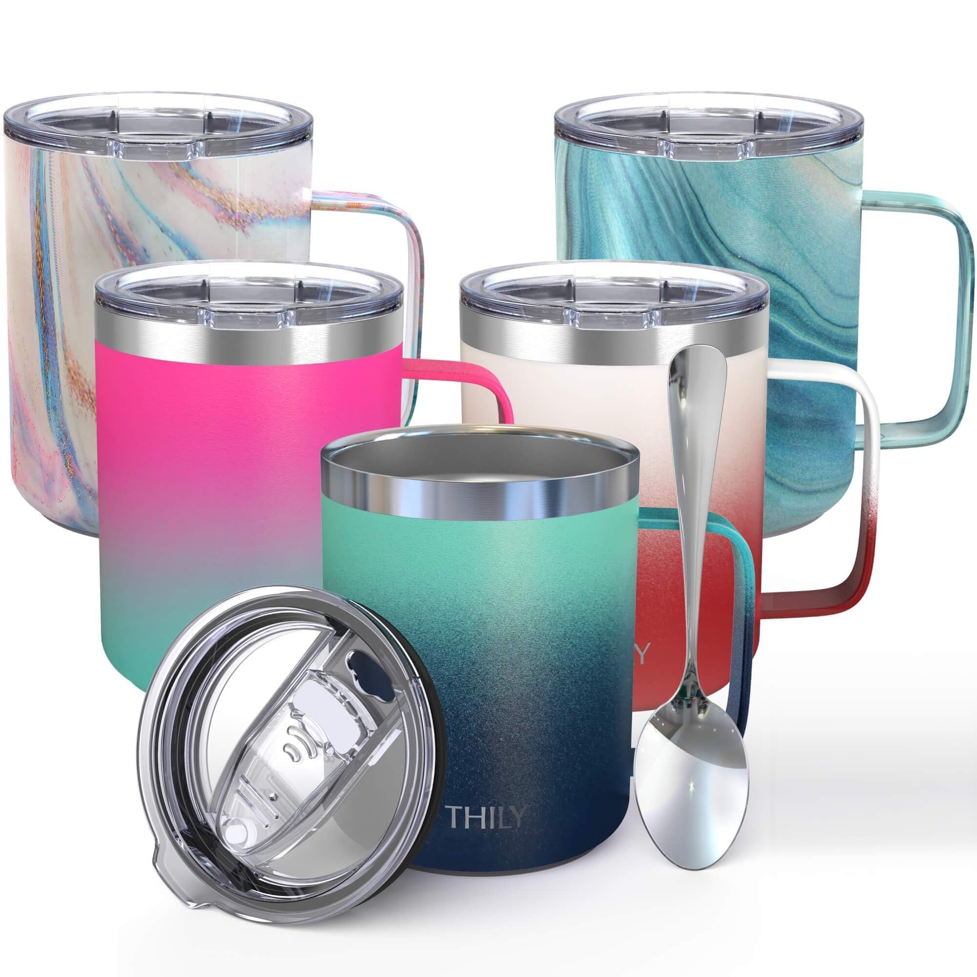 THILY Stainless Steel Insulated Travel Mug 350 ml Vacuum Insulated Coffee Cup with Handle, Spill-Proof Lid, Keep Coffee Cold or Hot, Ombre: Green & Navy — image 1