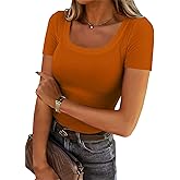 Chulianyouhuo Women's Short Sleeve Scoop Neck Ribbed Knit Fitted Casual Tops Tee Summer Slim Basic Shirts