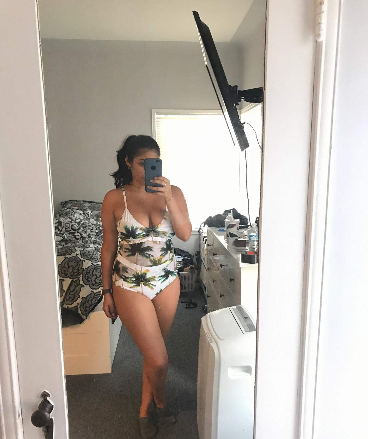 IMIDO Womens Sexy V Neck Backless One Piece Swimsuit Coconut Palm Tree Print Swimwear (White, S)