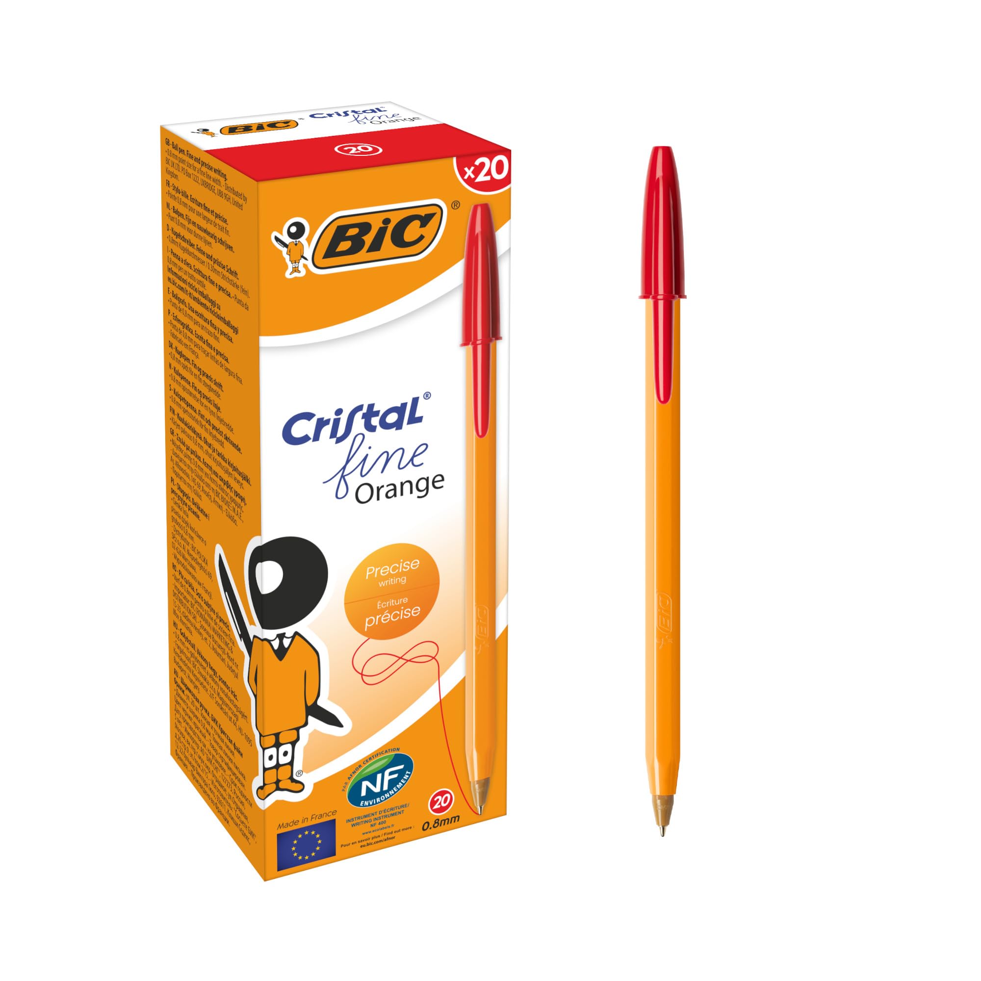 BIC Orange Fine Ballpoint Pens, Fine Point (0.8 mm), Red Ink, Box of 20 - Writing Pens with Long-Lasting Ink