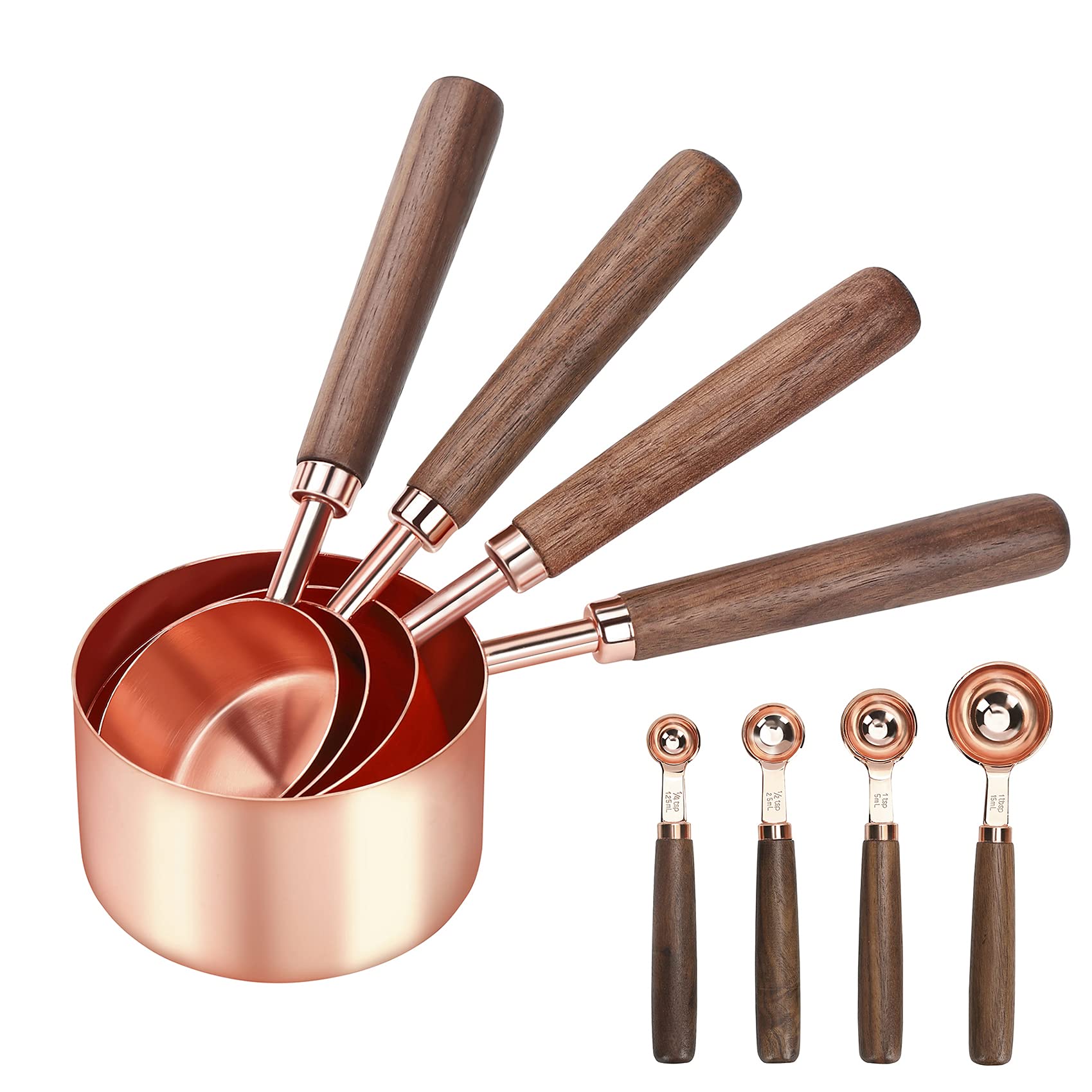GuDoQi Measuring Cups and Spoons Set, 8 Piece Set, Walnut Wood Handle, Engraved Measurements, Premium Stainless Steel, Mirror Polished Design for Dry & Liquid Measuring Cups (Rose Gold)