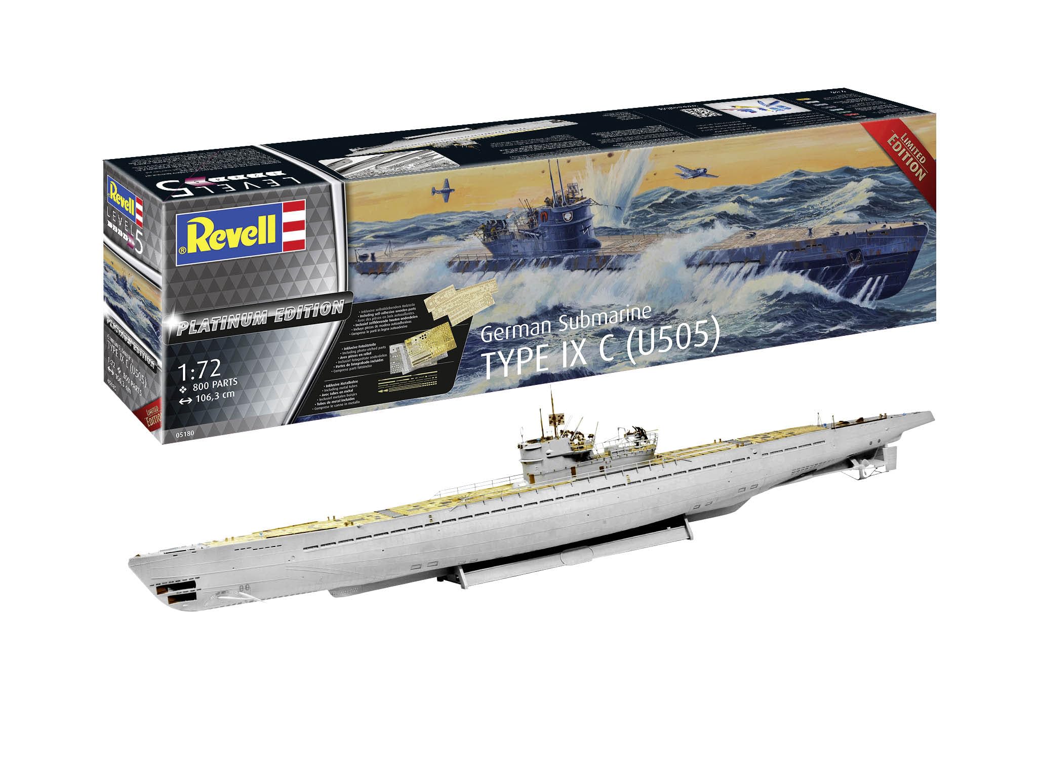 Revell Modellbau, Type IX C Platinum Edition, Bausatz, Maßstab 1:72, 800 Teile, Bastelset ab 13 Jahren, Detailgetreues Modell, U-Boot, Authentische Nachbildung