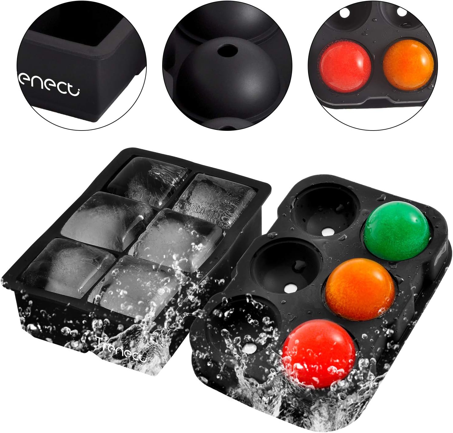 Trenect Ice Cube Trays Silicone Large Size Sphere Ice Ball Maker with