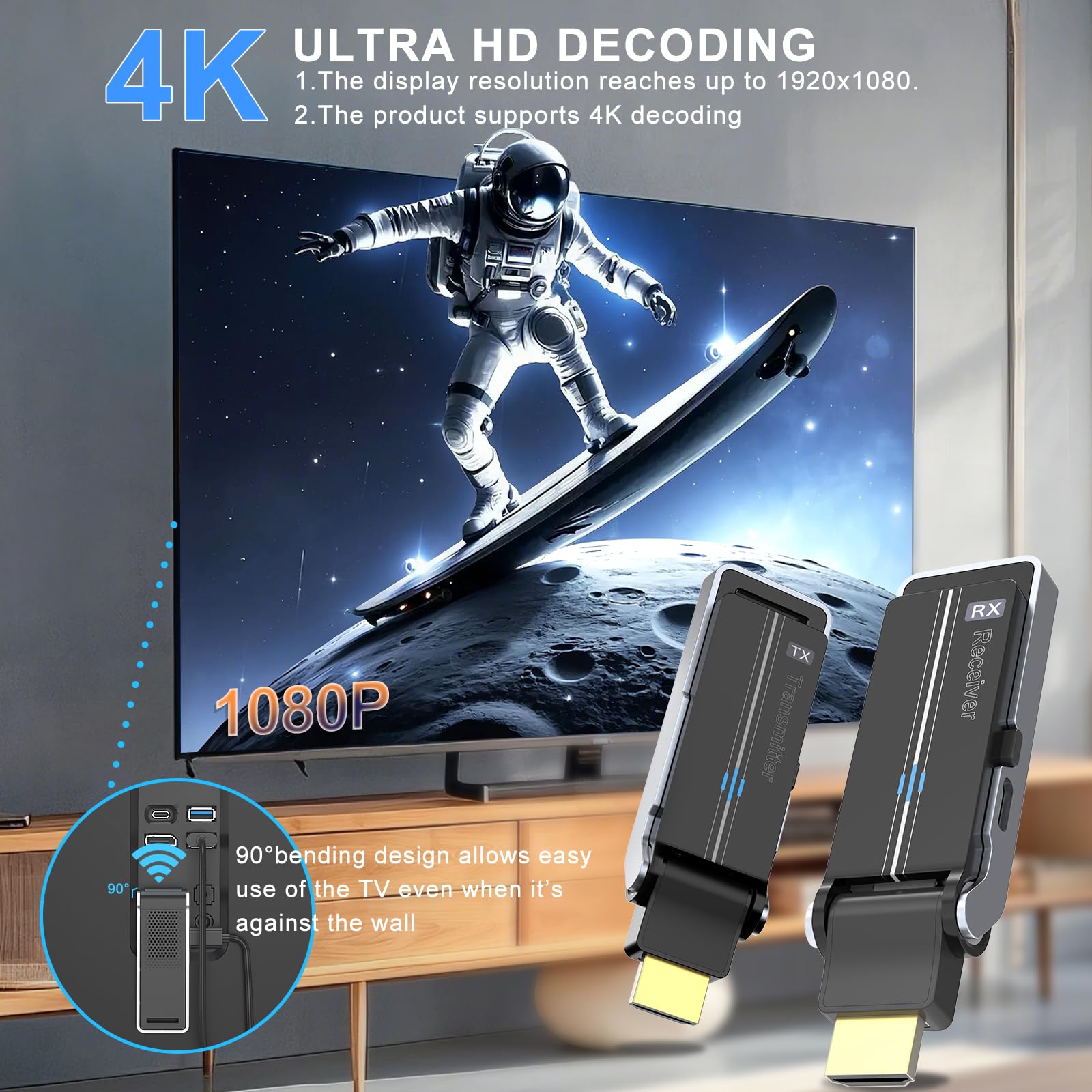 Wireless HDMI Transmitter & Receiver Kit with Heat Dissipation, 90° Bendable Interface, Dual-Band 2.4G/5G, Plug & Play - Stream Video & Audio from Laptops/TV Boxes/Projectors to Monitors-100Ft/30M