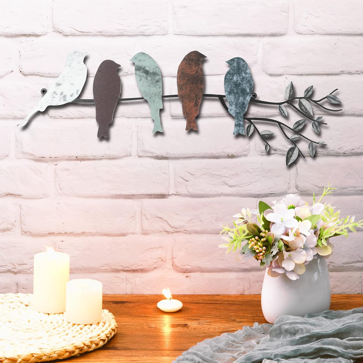 Plaques & Wall Art - Ferraycle Metal Bird Wall Art Birds on the Branch Wall Decor Leaves with Birds Metal Sculpture Bird Silhouette Metal Ornament Branch Wall Hanging Sign for Balcony Garden Home Decor (Vivid Colors)