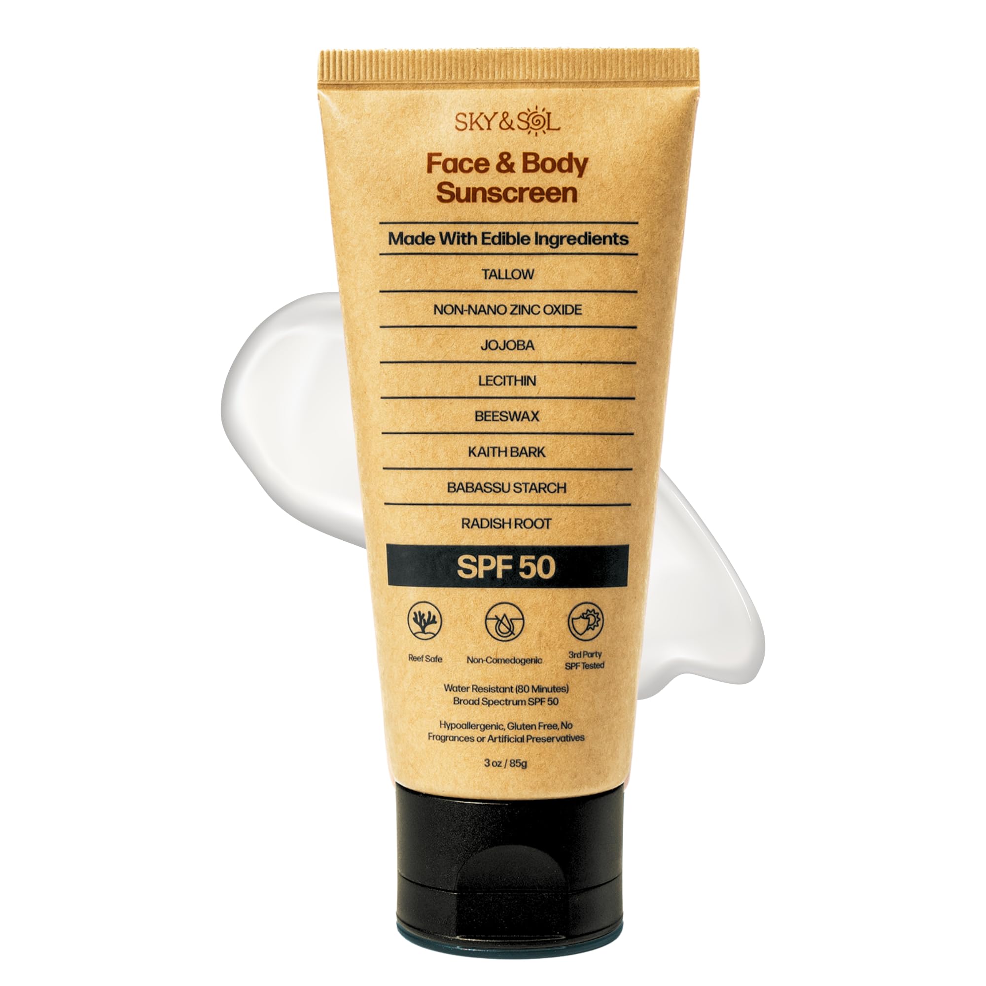 Sky and Sol Mineral Sunscreen SPF 50 | With Grass-Fed Tallow & Zinc Oxide | Non-Greasy Formula for Face & Body | Made Without Reef-Harming UV Filters | 3 oz (85 g)
