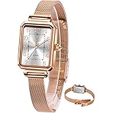 Taxau Watches for Women Small Face Womens Dress Watch Waterproof Ladies Watches Large Number Luxury Analog Quartz Square Dial Mesh Band Easy Read Rose-Gold/Silver Watch reloj para Mujer