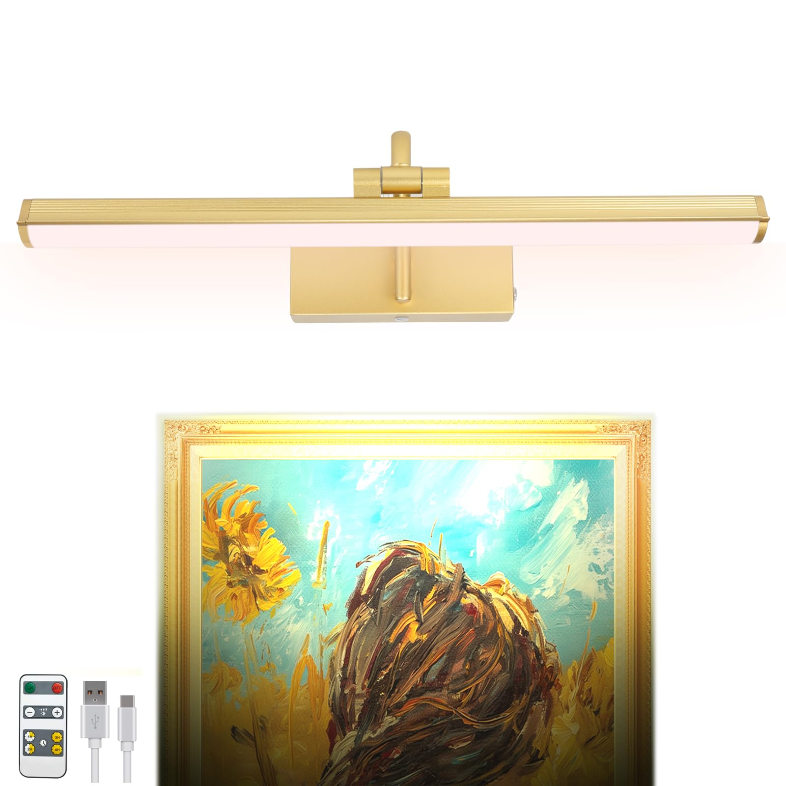 Photo 1 of HAMVIDNE Picture Light, LED Picture Lights Battery Operated with Remote, Rechargeable Picture Lights for Wall, Dimmable Metal Picture Light for Painting Display Dartboard Portrait Gallery-Gold