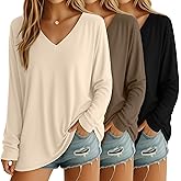 Oakgarden 3 Pack Womens Oversized T Shirts Long Sleeve V Neck Cotton Basic Tops Loose Fit Workout Tees Fall Winter Outfits