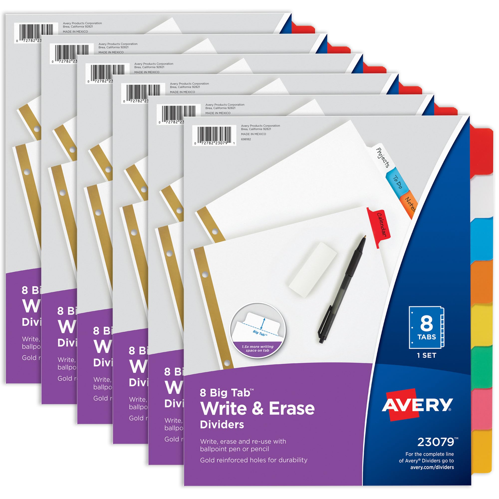 Avery Big Tab Write & Erase Dividers for 3 Ring Binders, 8-Tab Set, Multicolor Divider Tabs, Great for Organizing Projects, Reports, Finances, and More (6-Pack of 23079) — image 1