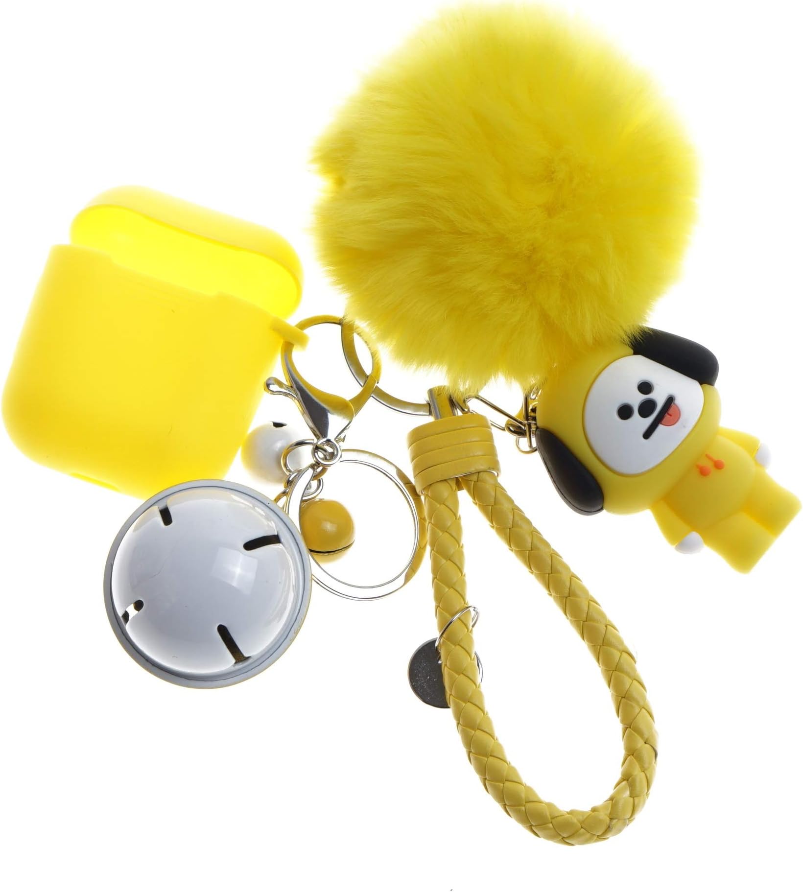 Bangtan Boys Airpod Case with Cute Fur Ball Keychain/Strap (Jimin Yellow)