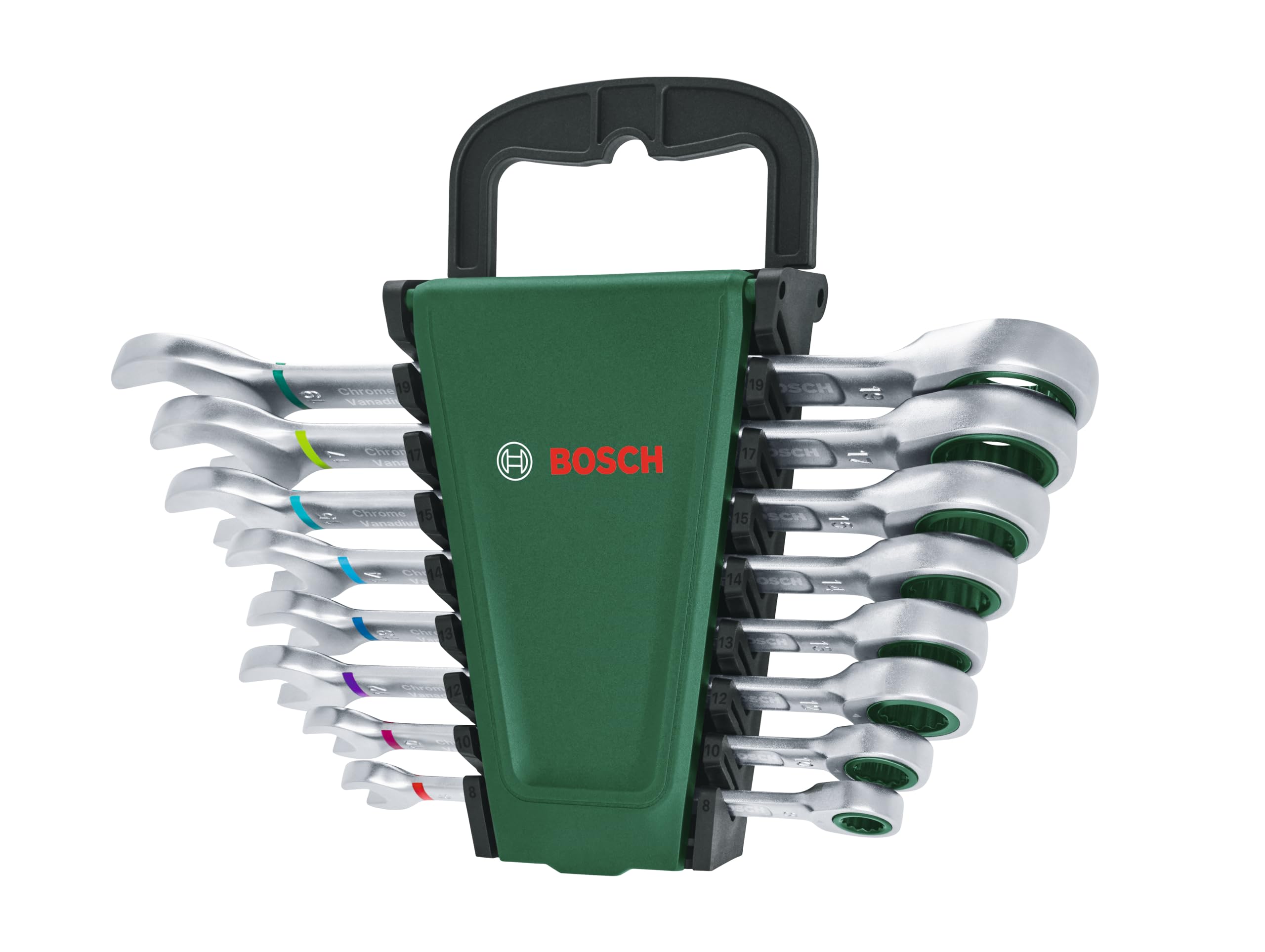 Bosch Schraubenschlüssel/Ratschen-Kombischlüssel-Set, 8-teilig (Ultimativer Komfort durch Kombination aus Maul-und Ratschenschlüssel, hochwertig und rostbeständig, farbcodierte Größenangabe) 2