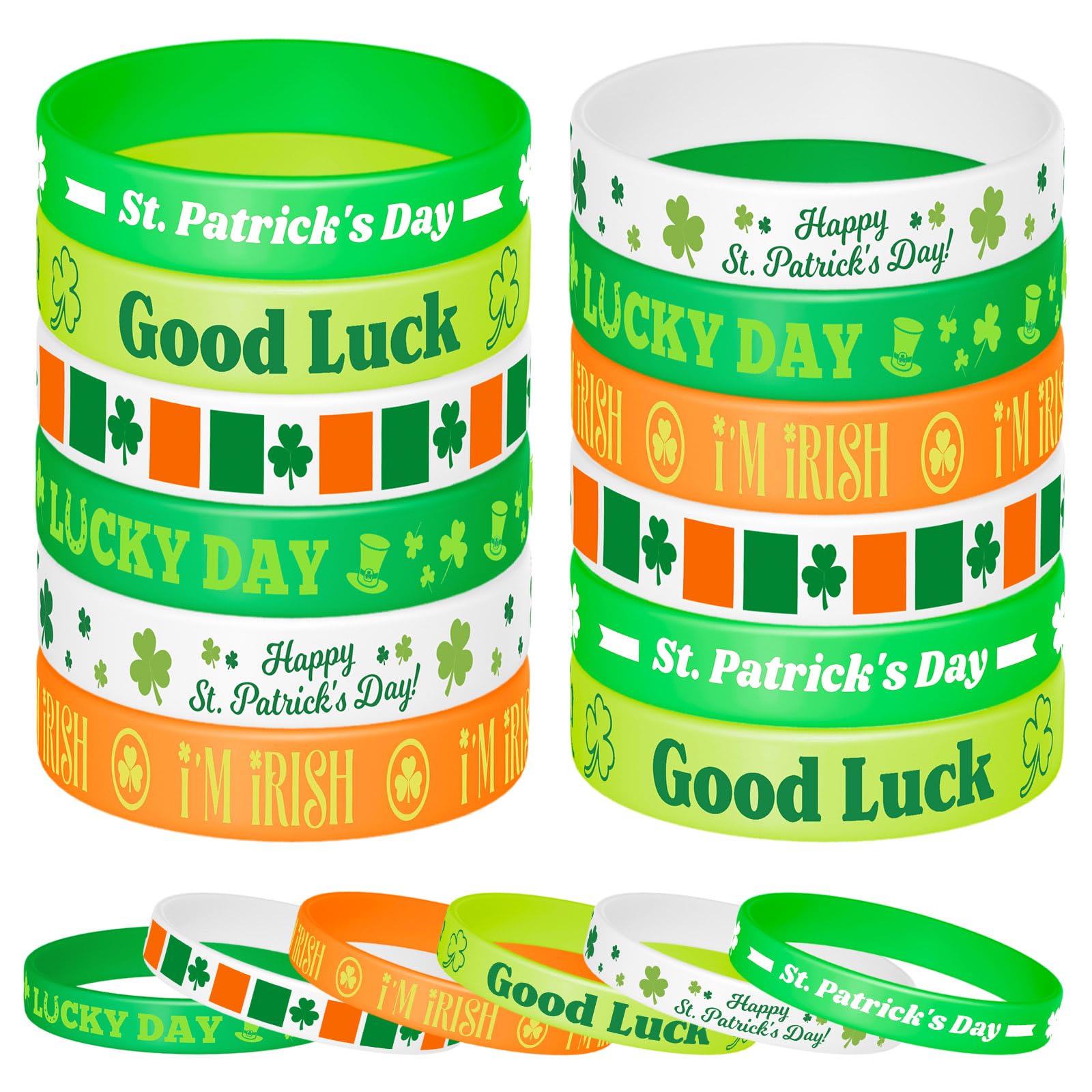 NEBURORA 24 Pcs St. Patrick's Day Silicone Bracelets Green Lucky Shamrock Rubber Wristbands for St Patricks Day Accessories Party Decoration Favors