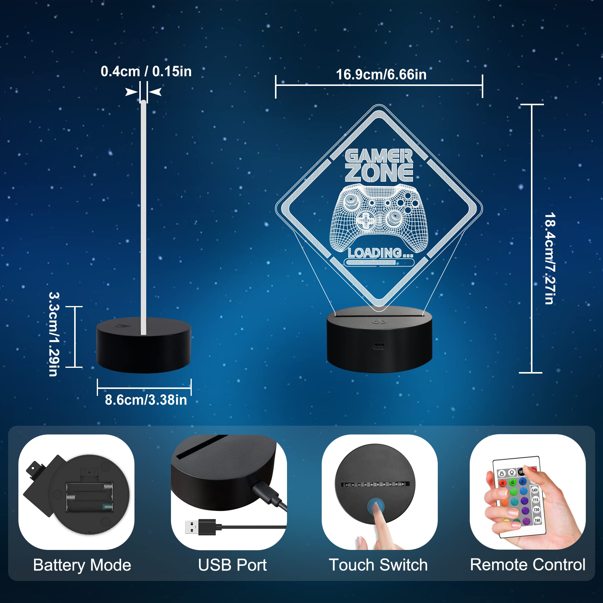 YuanDian Gamer Zone Nachtlicht, lustige 3D-Illusionslampe 16 Farben, die Fernbedienung und Timer-Gamepad-Grafik-Videospiele Gamer-Geschenk für Männer, Jugendliche und Kinder ändern 8