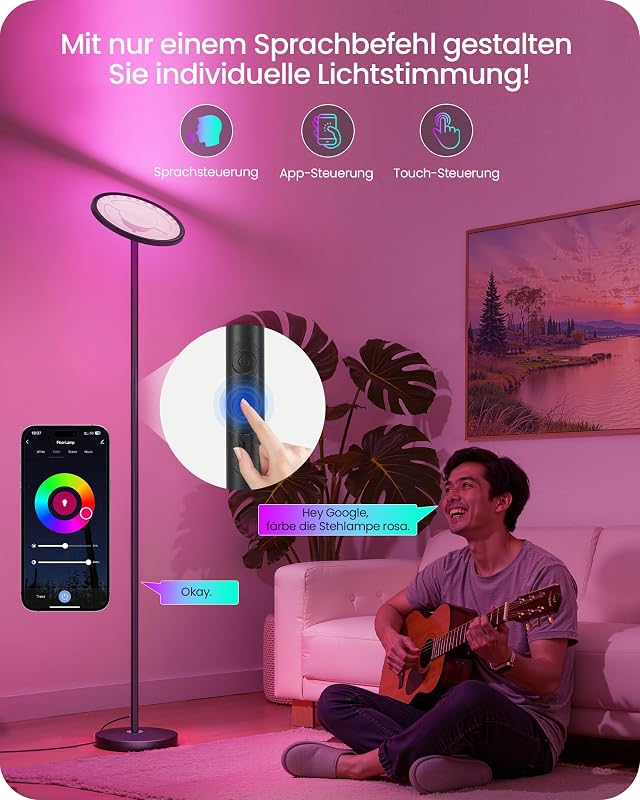 RGB Stehlampe mit APP- und Sprachsteuerung, Kompatibel mit Alexa, Musik Sync, Smarte LED Stehleuchte Schwarz, 10-100% Dimmbare WLAN Standleuchte für Wohnzimmer ZB18LDD05