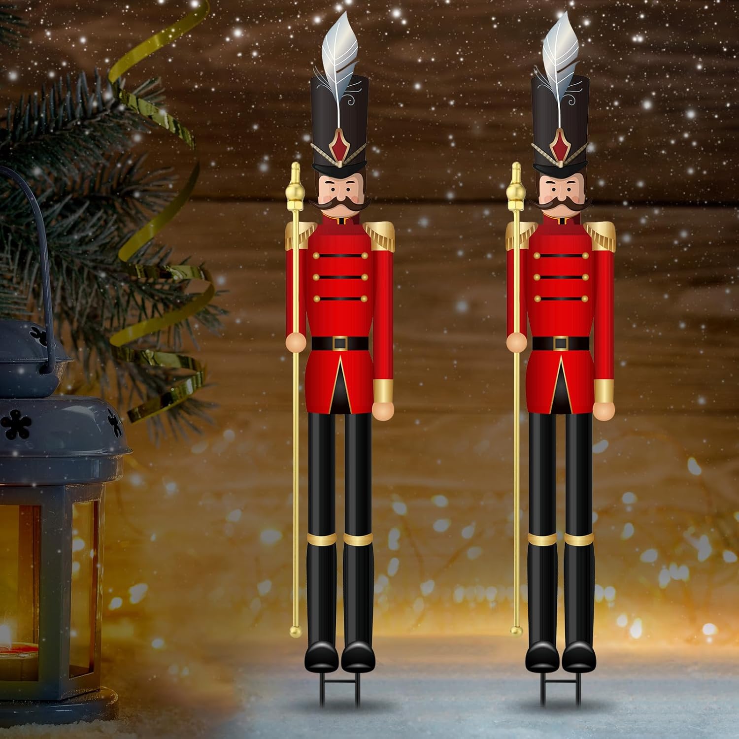 Nutcrackers - Marsui 2 Pcs 45 Inch Christmas Nutcracker Outdoor Decoration Xmas Large Nutcracker Soldier Christmas Holiday Soldier Ornament on Stand Traditional Metal Nutcracker for Xmas Holiday Garden Lawn Pathway