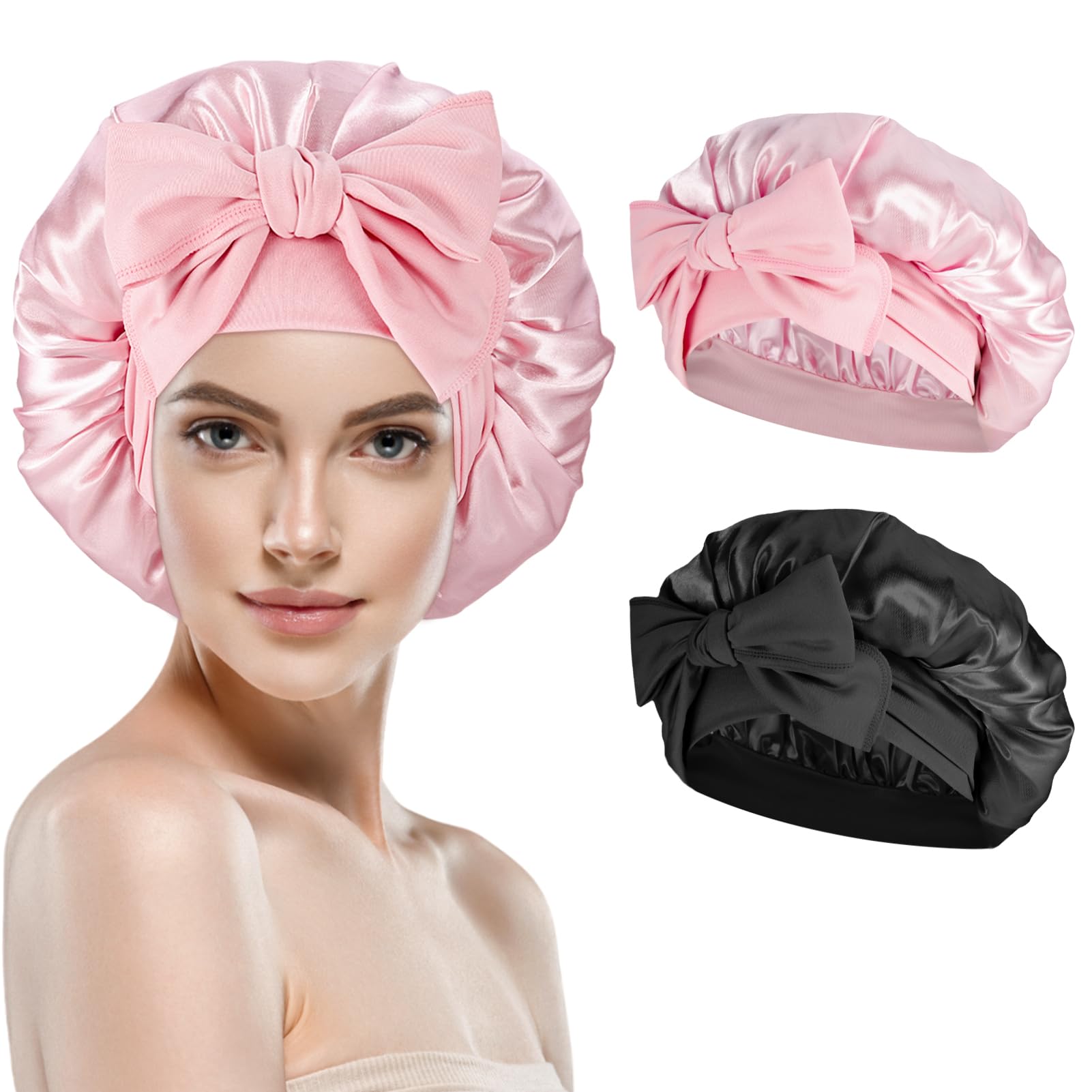 ViEinkaufen 2 Packs Satin Bonnet, Adjustable Silk Bonnet for Sleeping Hair Bonnets for Women Curly Long Hair(Black+Pink)