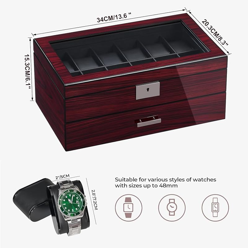 Caja de Relojes con 12 Ranuras, Joyero Hombre con Tapa de Cristal