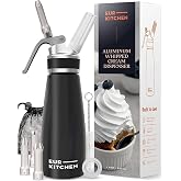 EurKitchen Aluminum Whipped Cream Dispenser - N2O Chargers Not Included | Heavy-Duty Aluminum Whipped Cream Dispenser - 3 Decorating Nozzles &amp; Cleaning Brush for Desserts &amp; Nitro Cold Brew (1-Pint)