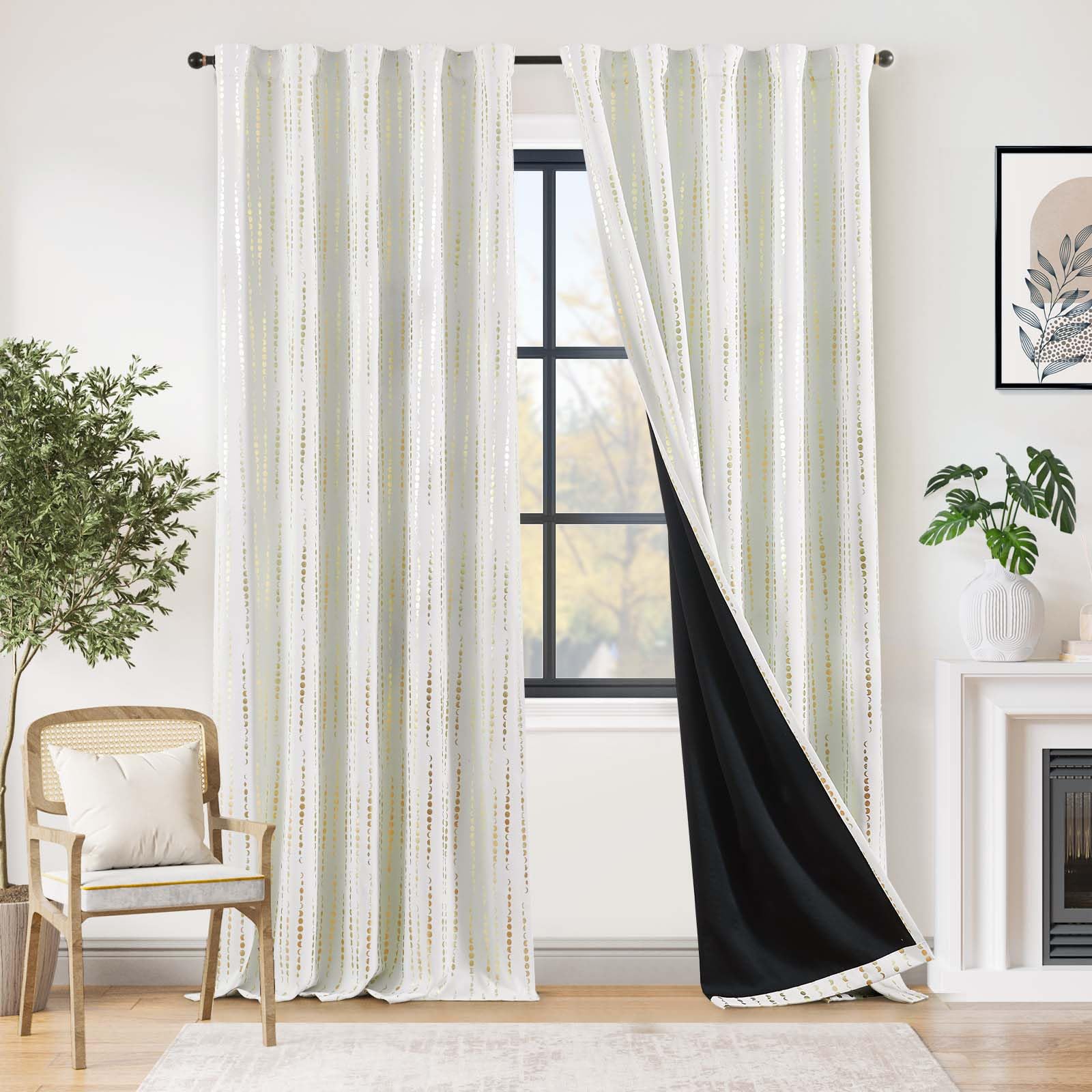jinchan 95% Blackout Curtains 96 Inch Long for Bedroom Boho Curtains Moon Phases Printed Golden on White Drapes Rod Pocket Back Tab Darkening Retro Bedroom Pattern Curtains 2 Panels Image