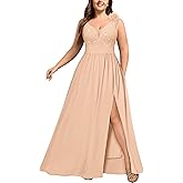 MISSMAY Women's Plus Size Sequined Lace V Neck Sleeveless Slit Vintage Evening Party Formal Maxi Dress