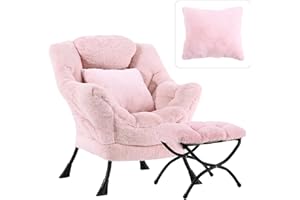 HomEastlly Large Lazy Chair with Ottoman, Accent Reading Chair with a Throw Pillow, Cozy Lounge Chair with Armrest, Leisure Sofa Chair for Living Room, Bedroom, Dorm, Plush Pink