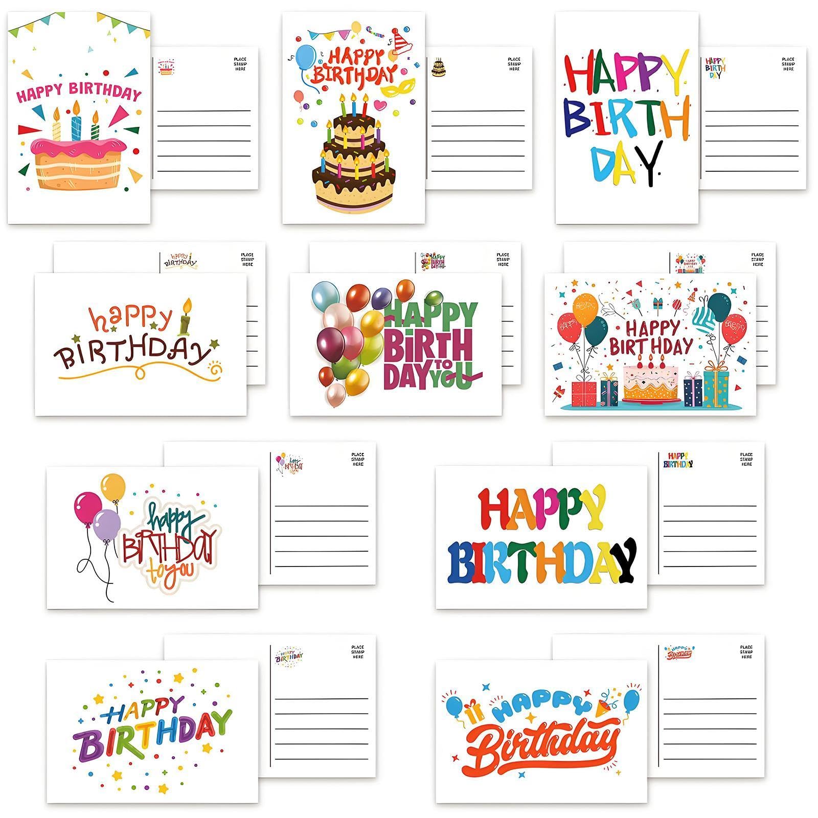 Photo 1 of 100 Pack Happy Birthday Cards - Bulk Set Includes 10 Unique Designs, 4 x 6 Inches for Kids & Adul