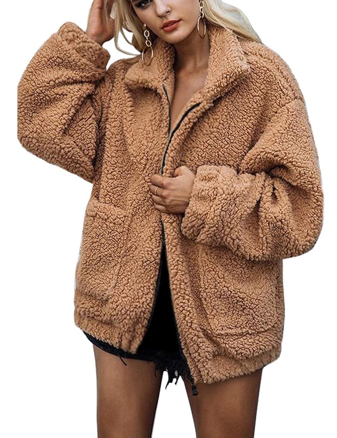 Soteer Damen Teddyfleecejacke Casual Wintermantel Revers Faux Wolle Warm Outwear Plüsch Winterjacke Coat Winterparka Reißvers
