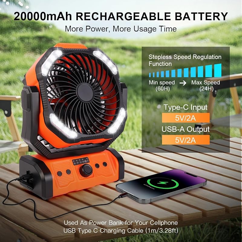20000mAh Camping Ventilator, Wiederaufladbarer Tischventilator USB Ventilator mit LED Licht & Haken, 270° Drehung mit Fernbedienung, Clip Fan für Outdoor Camping Stromausfall Angeln (Orange)