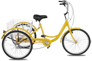 Happybuy Adult Tricycle Single Three Wheel Bike 24inch 26inch Seat Adjustable Trike with Bell Brake System and Basket Cruiser Bicycles Large Size for Shopping