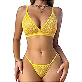 OYOANGLE Women's 2 Piece Floral Lace Sheer Lingerie Set Triangle Bra High Cut G String Panty Sets