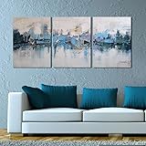 ARTLAND Modern 100% Hand Painted Framed Abstract Oil Painting Blue Villages 3-Piece Gallery-Wrapped Wall Art on Canvas Ready to Hang for Living Room for Wall Decor Home Decoration 24x48inches