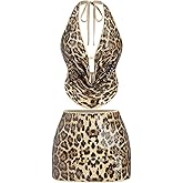 BEAUDRM Women's 2 Piece Outfits Sexy Sequin Cheetah Halter Going Out Top and Leopard Bodycon Mini Skirt Party Rave Clubwear