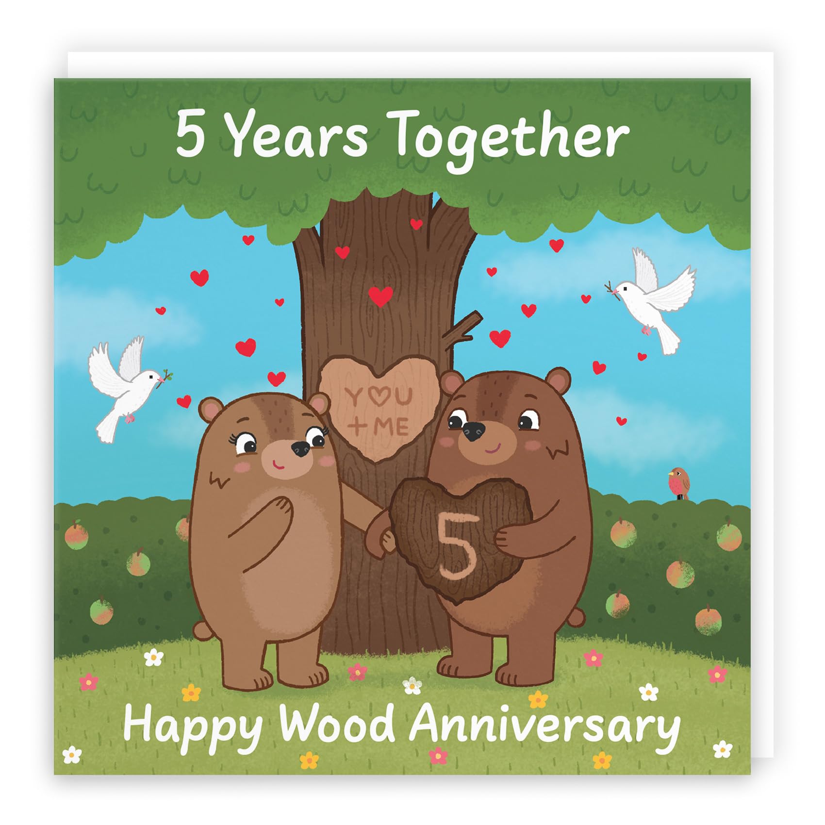 Hunts England - Cute 5th Anniversary Card - Wood Anniversary - Bears - Fifth Anniversary - 5 Years - For Him, Her, Couple, Men, Women - Love Story Collection