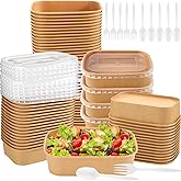 Newtay 100 Sets 17 oz Disposable Kraft Paper Bowls with Lids and Forks and Spoons, Disposable Paper Meal Prep Containers Soup Bowl Leakproof Deli Food Containers Party Supplies for Hot/cold Soup