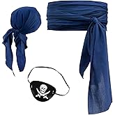 Pirate Halloween Costume, 3 Pcs Set with Head Scarf, Bandana Belt Waist Sash, Eye Patch for Halloween Costumes Cosplay