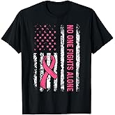 No One Fights Breast Cancer Alone American Flag Pink Ribbon T-Shirt