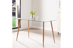BACYION Glass Dining Table - 47" Rectangle Glass Top Dining Room Table, Modern Clear Kitchen Table with Wooden Metal Leg, Rectangular Dining Table for 2 or 4 for Small Spaces Apartment Kitchen or Dining Room