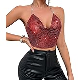 Metal Chain Top Sexy Sparkly Top Women Sequin Halter Vest Crop Top Deep V Neck Backless Tank Top Glitter Sleeveless Vests