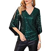 GRACE KARIN Womens Sparkly Sequin Tops,3/4 Sleeve Glitter Party Dressy Blouse,V-Neck Disco Evening Club Concert Shirt