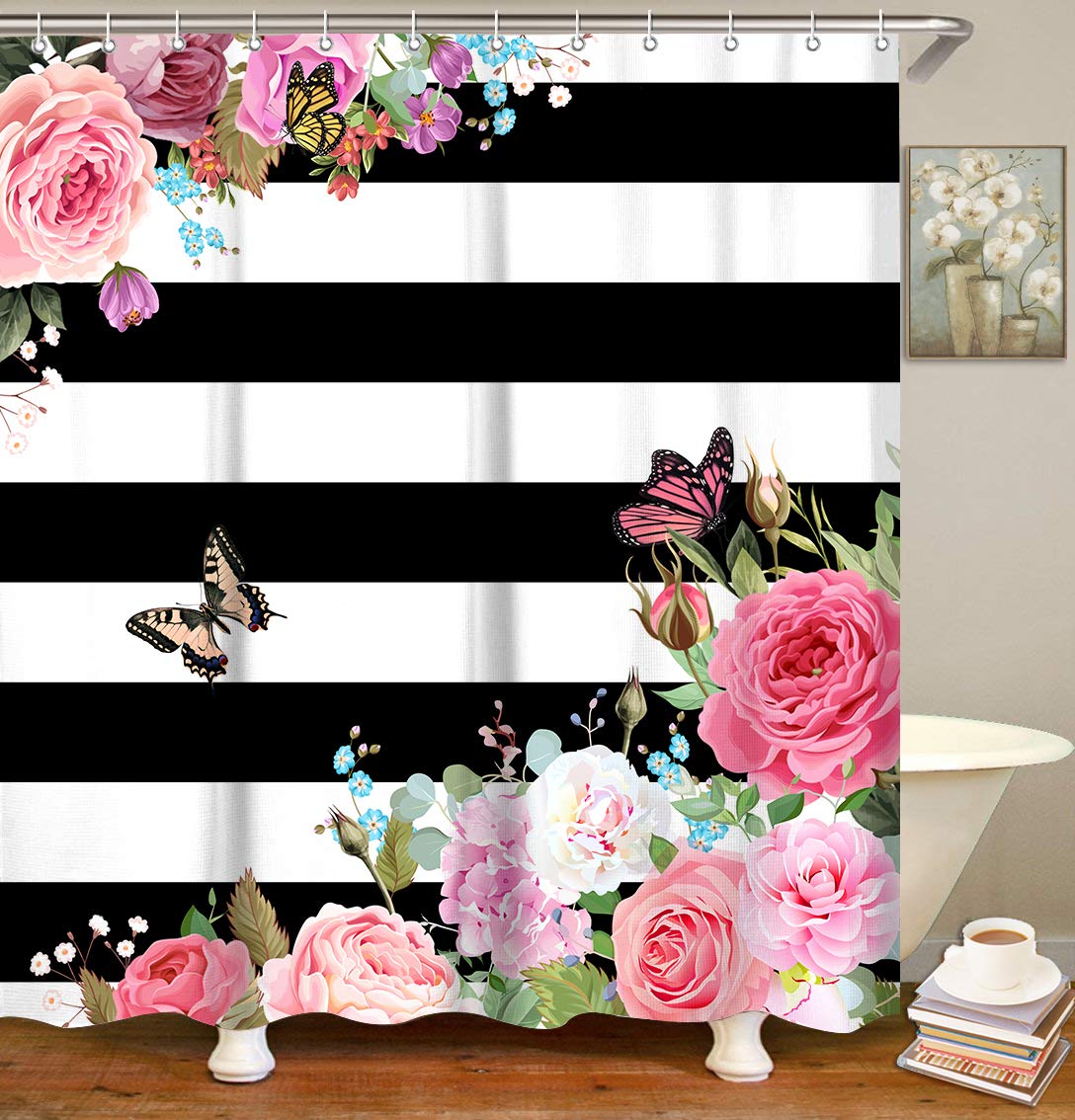 Shower Curtain Black White Stripes Butterfly Flower Floral