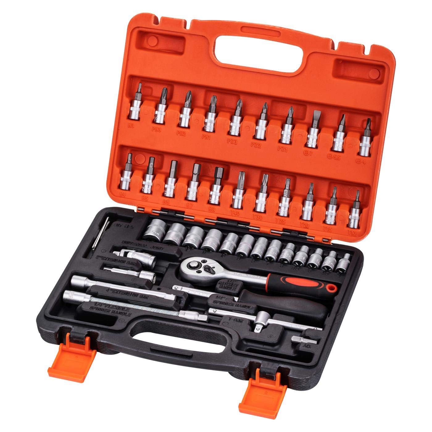 KATSU 46PCs 1/4 Inch Socket Set 4-14mm Metric with 24-Teeth Quick-Released Ratchet Wrench, Extension Bars and Hex Torx Bits, Chrome Vanadium Steel, Auto Mechanical Tool