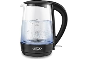 bella 1.7 Liter Glass Electric Kettle, Quickly Boil 7 Cups of Water in 6-7 Minutes, Soft Blue LED Lights Illuminate While Boiling, Cordless Portable Water Heater, Carefree Auto Shut-Off, Black