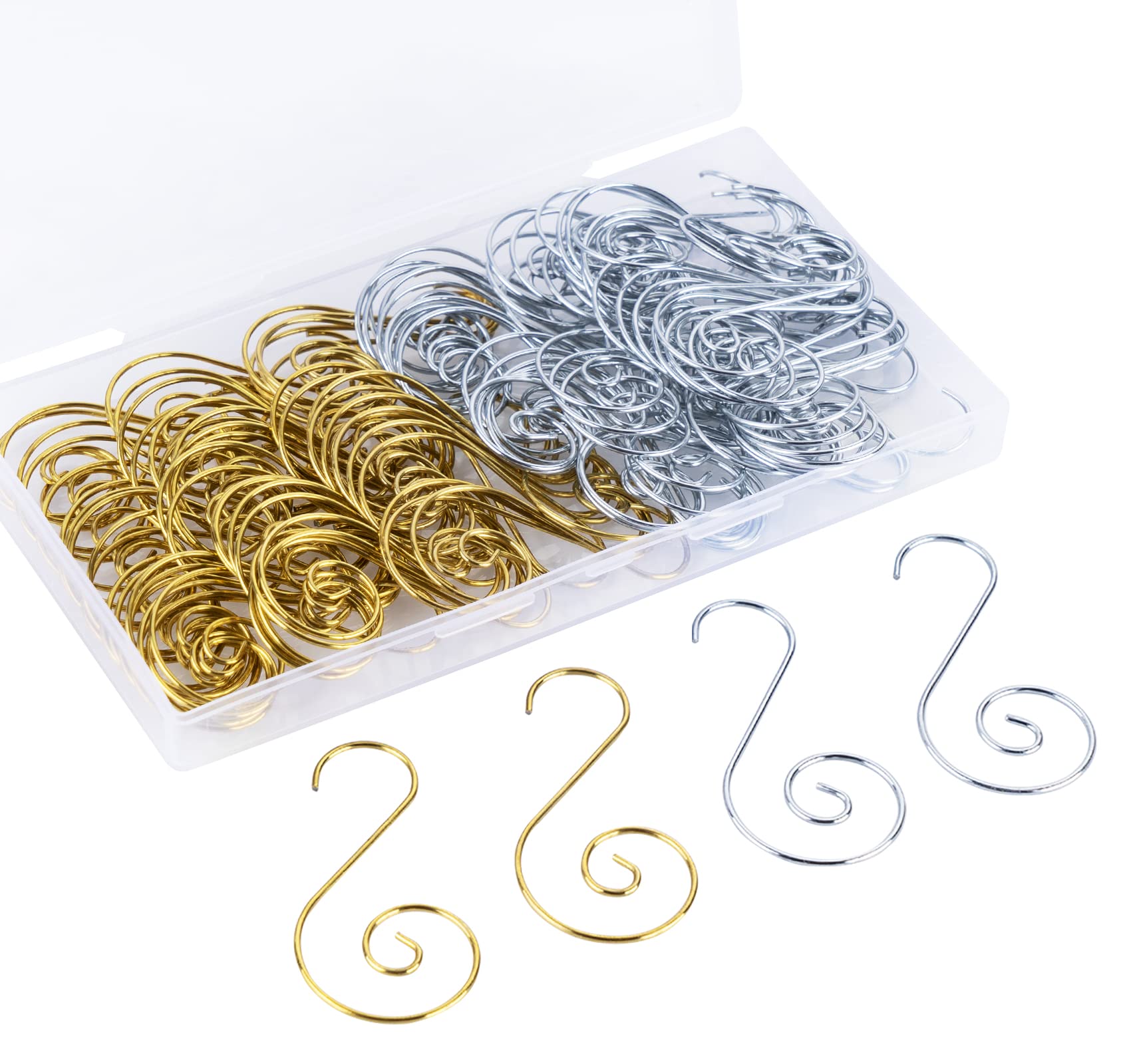 Beutrain Christmas Ornament Hooks 120Pcs Xmas Tree Ornaments Hanger Hooks Metal Wire S Hooks with Storage Box for Baubles Ball Christmas Tree Hanging Decoration, Gold&Silver
