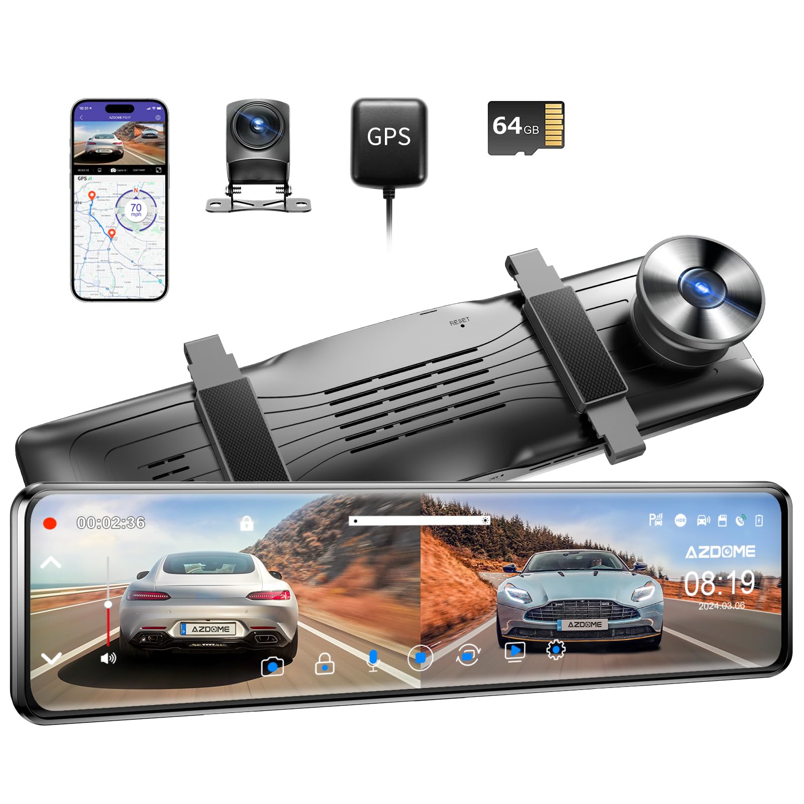 AZDOME 12" 4K WiFi Rear View Mirror Camera, Mirror Dash Cam with GPS
