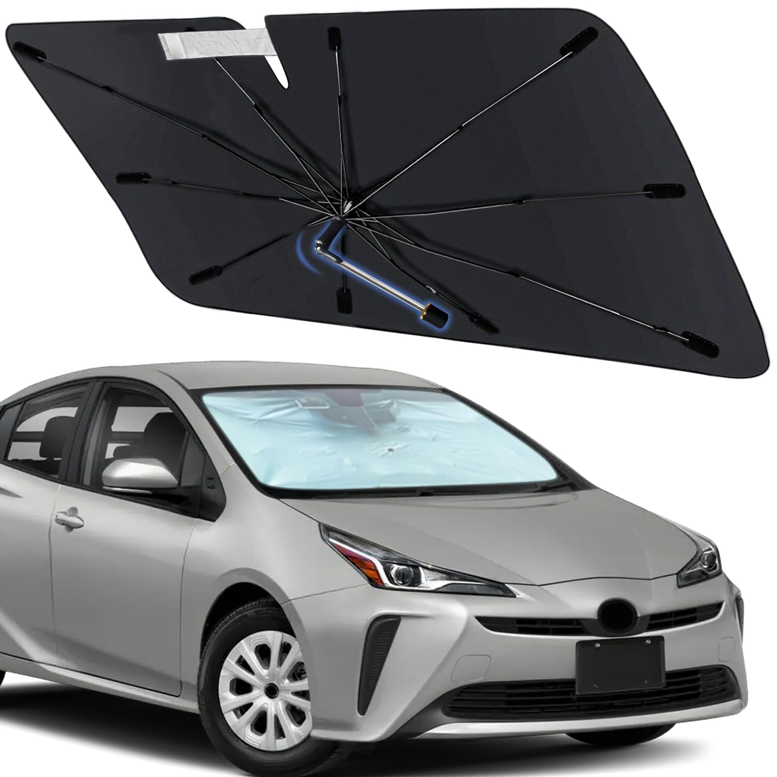Photo 1 of Windshield Sun Shade Umbrella for Toyota Prius 2016-2022, Foldable Front Window Sunshade with 360° Rotating Shaft, Custom Fit Car Shades for Prius Accessories with UV & Heat Protection