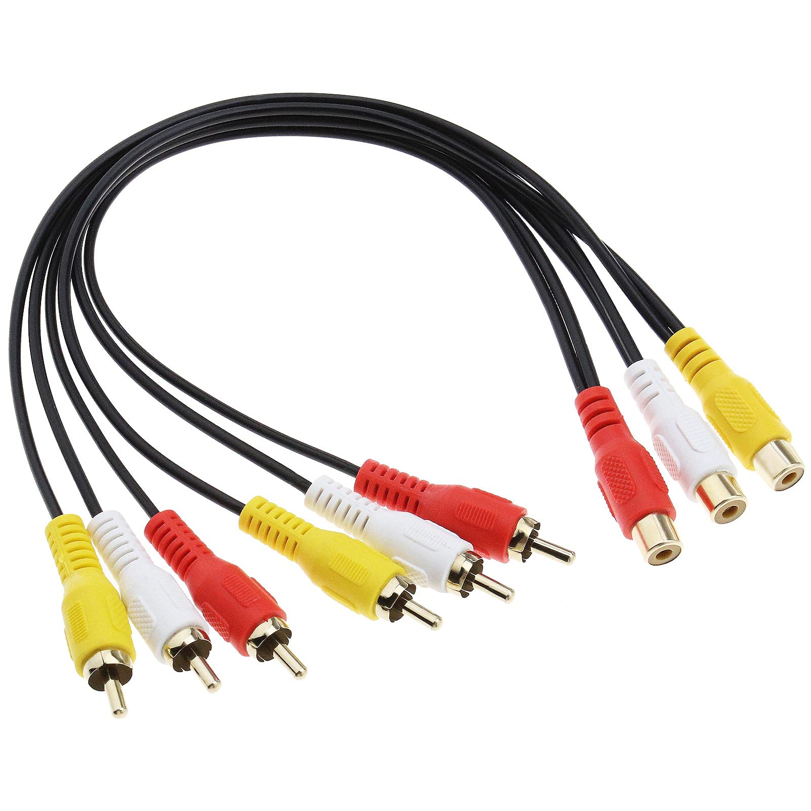 YINETTECH 3 RCA Male Plug to 6 RCA Female Jacks Composite Video Splitter Adapter Output Cables Cord Gold Plated 30cm for AV DVD TV
