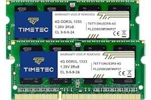 Timetec 8GB KIT(2x4GB) DDR3 / DDR3L 1333MHz PC3-10600 Non-ECC Unbuffered 1.5V / 1.35V CL9 2Rx8 Dual Rank Low Density 204 Pin 