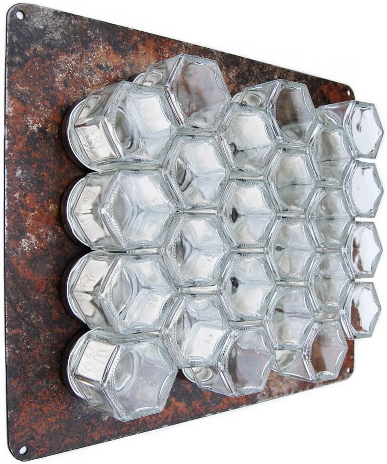 Gneiss SpiceDIY Wall Hanging Magnetic Spice Rack (24 Small Jars, Silver Lids, 10x12 Rustic Plate)